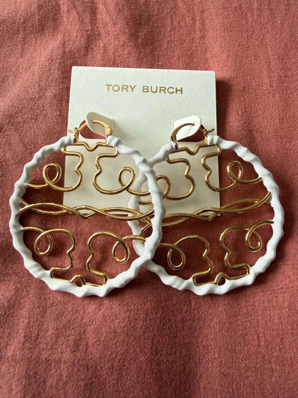 Tory Burch | White Enamel and Gold Twisted Miller Hoop Earrings